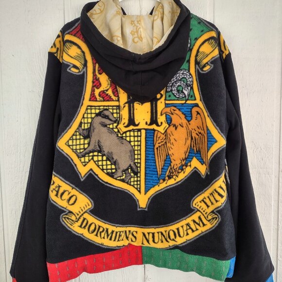 M Harry Potter Upcycled Fleece Hoodie Jacket - Oversized Unisex Hogwarts OOAK